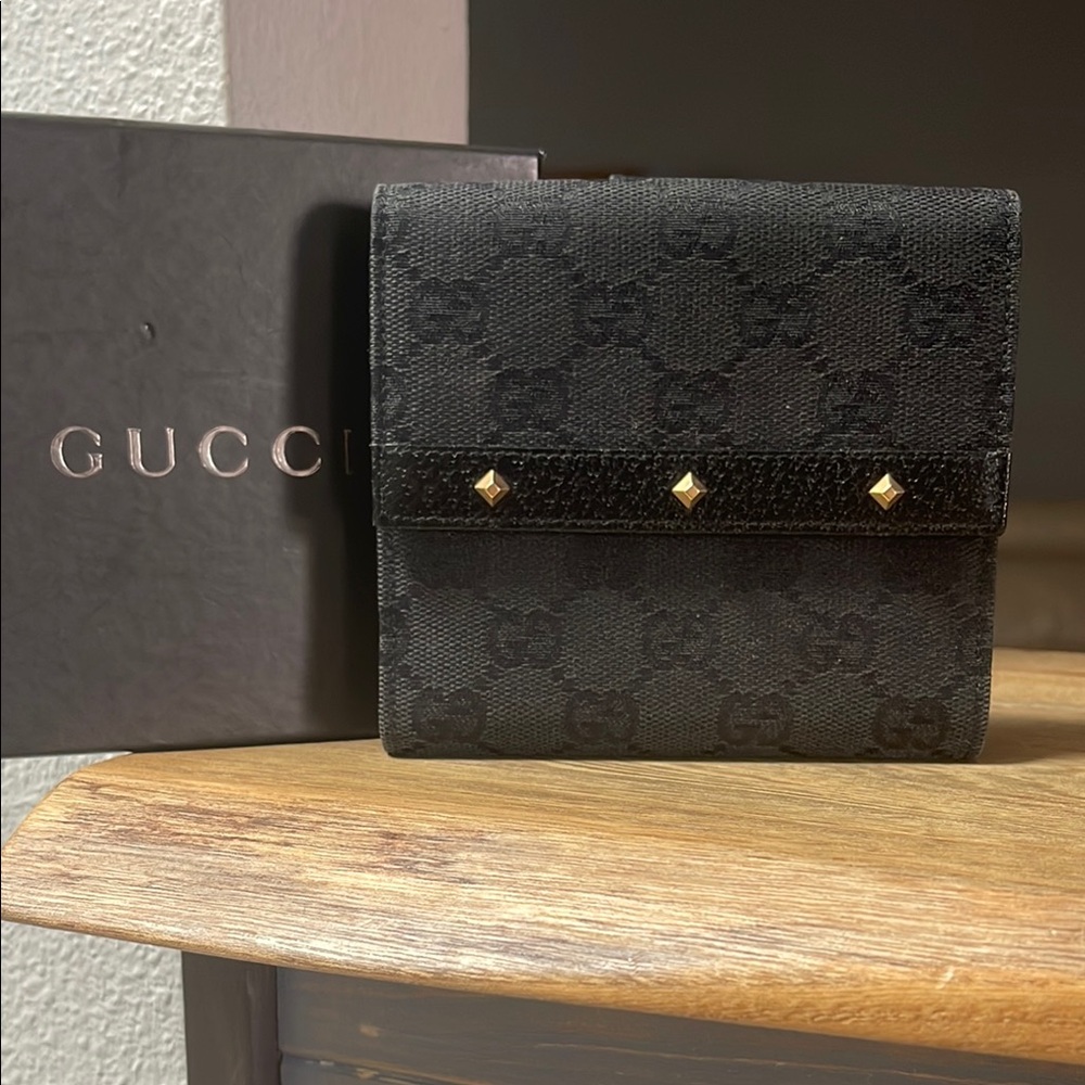 Authentic Gucci GG Canvas & Black Leather Studded Wallet & Gucci Box